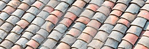 Panoramic colorful curved clay tiled roof from ancient house in the North Vietnam