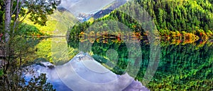 Landscape of mirror lake and forest at Jiuzhaigou national park, China