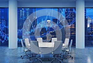 Panoramic conference room in modern office, cityscape of New York skyscrapers at night, Manhattan.