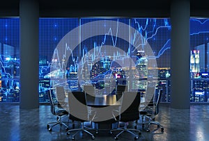 Panoramic conference room in modern office, cityscape of New York skyscrapers at night, Manhattan.