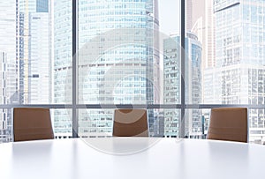 Panoramic conference room in modern office, Moscow International Business Center view.