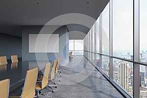 Panoramic conference room in modern office in New York City. Brown chairs and a black table.