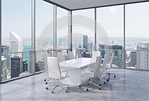 Panoramic conference room in modern office in New York City. White chairs and a white table.