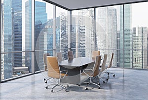 Panoramic conference room in modern office in Singapore. Brown chairs and a black table.