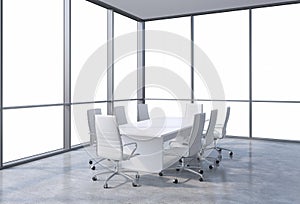 Panoramic corner conference room in modern office, copy space view from the windows. White chairs and a white table.