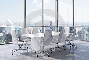 Panoramic corner conference room in modern office in New York City. White chairs and a white table.