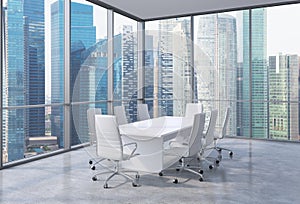 Panoramic corner conference room in modern office, Singaporean financial area view. White chairs and a white table.