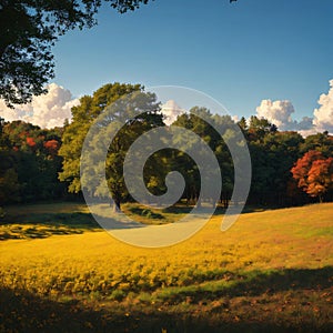 Panoramic countryside autumn landscape with field and the forest on horison under clear cloudless blue sky in color