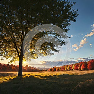 Panoramic countryside autumn landscape with field and the forest on horison under clear cloudless blue sky in color