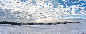 Panoramic Countryside Landscape in Sunny Winter Day with Snow Covering the Ground, Abstract Background with Deep Look and Dramatic