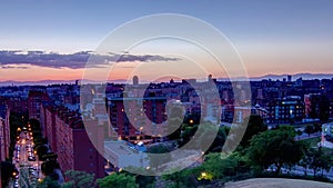 Panoramic day to night timelapse view of Madrid, Spain. Photo taken from the hills of Tio Pio Park, Vallecas