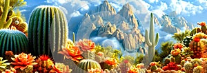 Panoramic Desert Cactus Landscape against a backdrop of towering mountains under a clear blue sky