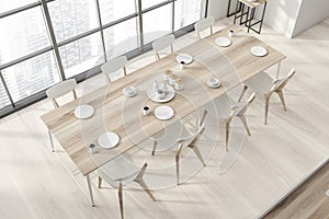 Panoramic dining room with white chairs, top view