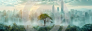 Panoramic double exposure banner of city skyline overlayed with green vegetation