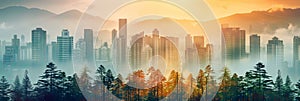 Panoramic double exposure banner of city skyline overlayed with green vegetation