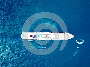 Panoramic drone aerial view of a Cruise liner from above shot by drone in bay of Patong Phuket Thailand