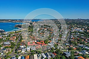 Panoramic drone aerial view over Freshwater, Queenscliff and Manly in the Northern Beaches area of Sydney, Australia
