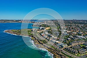 Panoramic drone aerial view over Freshwater, Queenscliff and Manly in the Northern Beaches area of Sydney, Australia