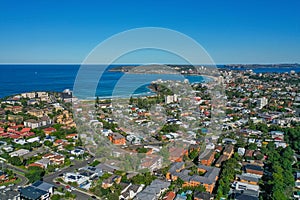 Panoramic drone aerial view over Freshwater, Queenscliff and Manly in the Northern Beaches, Sydney