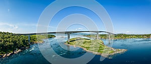 A panoramic drone shot of Saltstraumen Bridge arching over the world\'s strongest tidal current