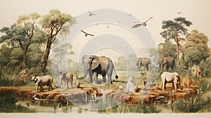 Panoramic Elephant Painting In The Style Of Jonathan Wolstenholme