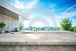 Panoramic empty grunge cement counter table top on blue sky white light background for product morning scene spring display photo