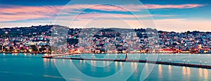 Panoramic evening cityscape of Argostolion town, former municipality on the island of Kefalonia, Ionian Islands, Greece.
