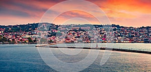 Panoramic evening cityscape of Argostolion town, former municipality on the island of Kefalonia, Ionian Islands, Greece.