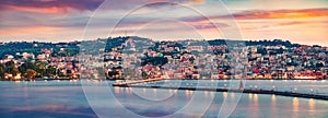 Panoramic evening cityscape of Argostolion town, former municipality on the island of Kefalonia, Ionian Islands, Greece. Dramatic