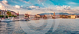 Panoramic evening cityscape of Split town. Wonderful summer sunset in Croatia, Europe