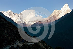 Panoramic evening view of Ama Dablam, Mount Everest and Lhotse - Nepal