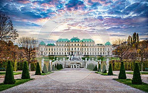 Panoramic evening view of the famous Belvedere Castle, built as the summer residence of Prince Eugene of Savoy in Vienna, Austria