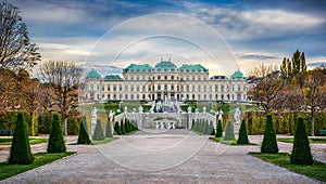 Panoramic evening view of the famous Belvedere Castle in Vienna, Austria