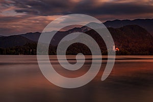 Panoramic evening view of Pilgrimage Church of the Assumption of Maria. Summer scene of lake Bled, Julian Alps, Slovenia, Europe.