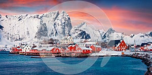 Panoramic evening view of popular tourist destination - Lofoten Islands archipelago.