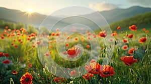 Panoramic floral background, web banner with poppy flowers field, panoramic view on wildflowers spring meadow in sunrise