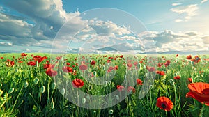Panoramic floral background, web banner with poppy flowers field, panoramic view on wildflowers spring meadow in sunrise
