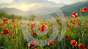 Panoramic floral background, web banner with poppy flowers field, panoramic view on wildflowers spring meadow in sunrise