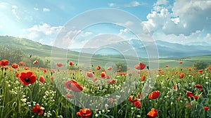 Panoramic floral background, web banner with poppy flowers field, panoramic view on wildflowers spring meadow in sunrise
