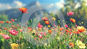 Panoramic floral background, web banner with poppy flowers field, panoramic view on wildflowers spring meadow in sunrise