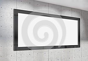 Panoramic frame Mockup hanging on office concrete wall. Mock up of a large billboard in modern company interior 3D rendering