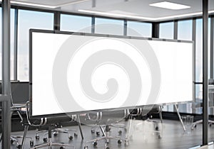 Panoramic frame Mockup hanging on office glass window. Mock up of a billboard in modern company interior