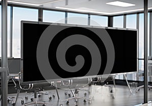 Panoramic frame Mockup hanging on office glass window. Mock up of a billboard in modern company interior