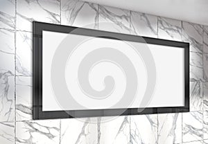 Panoramic frame Mockup hanging on office marble wall. Mock up of a large billboard in modern company interior 3D rendering