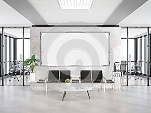 Panoramic frame Mockup hanging in office waiting room. Template of a billboard in modern interior 3D rendering