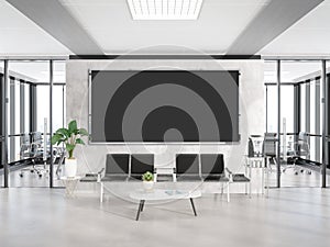 Panoramic frame Mockup hanging in office waiting room. Template of a billboard in modern interior 3D rendering