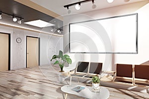 Panoramic frame Mockup hanging in office waiting room. Template of a billboard in modern interior 3D rendering