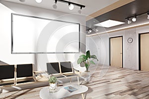 Panoramic frame Mockup hanging in office waiting room. Template of a billboard in modern interior 3D rendering