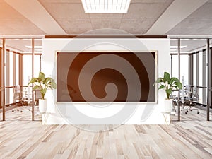 Panoramic frame Mockup hanging on office wall. Mock up of a large billboard in modern wooden company interior 3D rendering