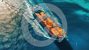 Panoramic front view of a cargo ship carrying oil, Generative AI